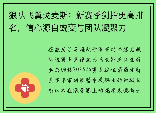 狼队飞翼戈麦斯：新赛季剑指更高排名，信心源自蜕变与团队凝聚力