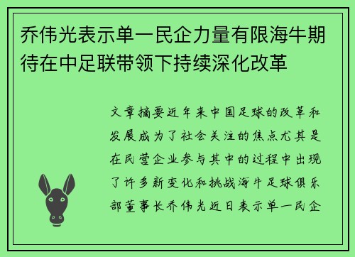 乔伟光表示单一民企力量有限海牛期待在中足联带领下持续深化改革